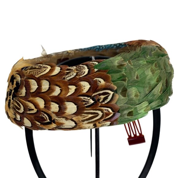 Vibrant Multicolor Pheasant Peacock Feathered Halo Wreath Band Church Derby Hat - Picture 4 of 10